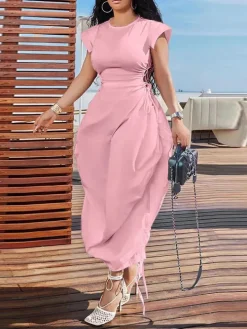 Solid Color Puff Sleeve Drawstring Waist Dress