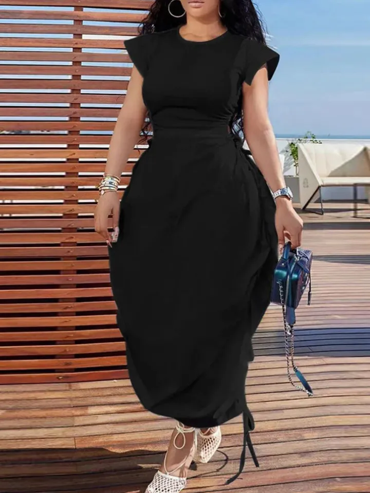 Solid Color Puff Sleeve Drawstring Waist Dress