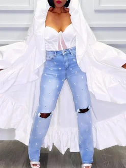 Solid Color Ruffle Trim Shawl Coat