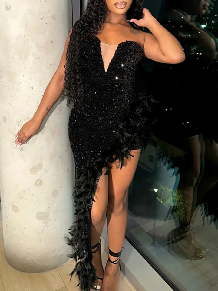 Solid Color Strapless Backless Sequin Feather Dress