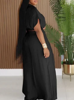 Solid Color Top Wide-Leg Pants Set