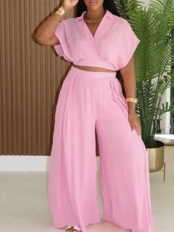 Solid Color Top Wide-Leg Pants Set