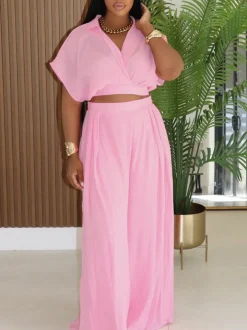 Solid Color Top Wide-Leg Pants Set