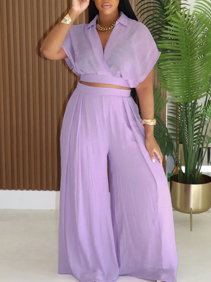 Solid Color Top Wide-Leg Pants Set