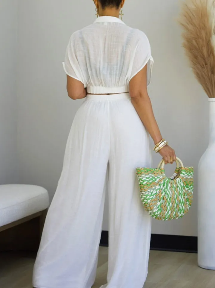Solid Color Top Wide-Leg Pants Set