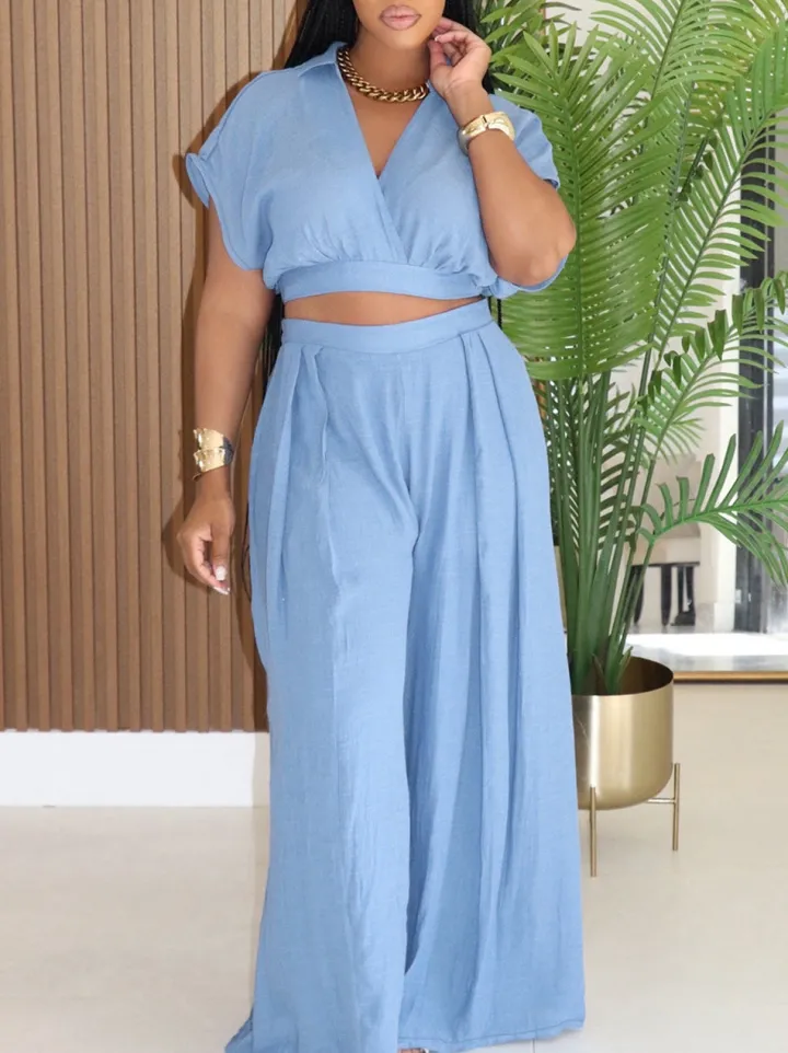 Solid Color Top Wide-Leg Pants Set
