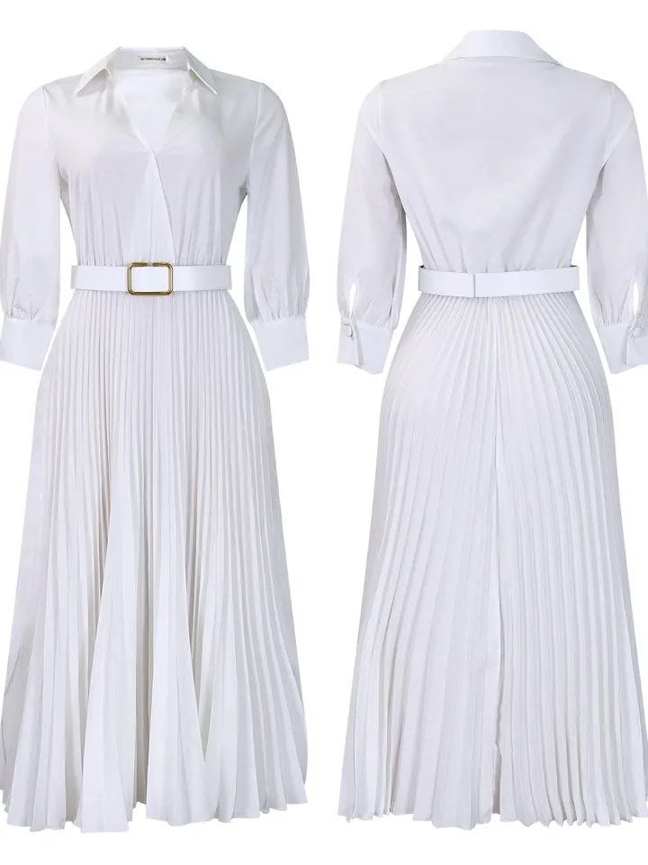 Solid Color V-Neck Pleated Dress with Belt