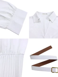 Solid Color V-Neck Pleated Dress with Belt