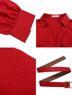 Solid Color V-Neck Pleated Dress with Belt