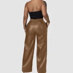 Solid Color Wide Leg PU Leather Pants