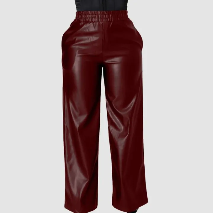 Solid Color Wide Leg PU Leather Pants