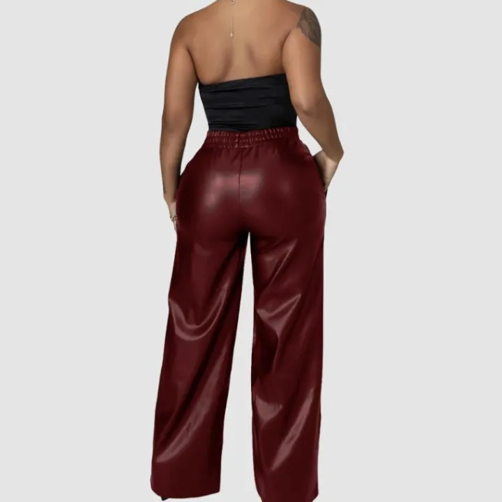 Solid Color Wide Leg PU Leather Pants