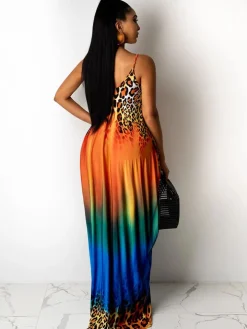 Spaghetti Strap Boho Gradient Leoaprd Print Sundress