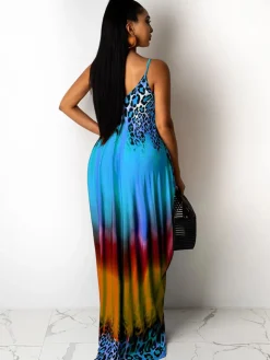 Spaghetti Strap Boho Gradient Leoaprd Print Sundress