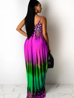 Spaghetti Strap Boho Gradient Leoaprd Print Sundress