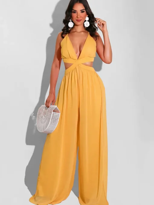 Spaghetti Strap Chiffon Backless Wide Leg Jumpsuit