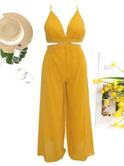 Spaghetti Strap Chiffon Backless Wide Leg Jumpsuit