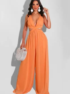 Spaghetti Strap Chiffon Backless Wide Leg Jumpsuit