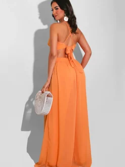 Spaghetti Strap Chiffon Backless Wide Leg Jumpsuit