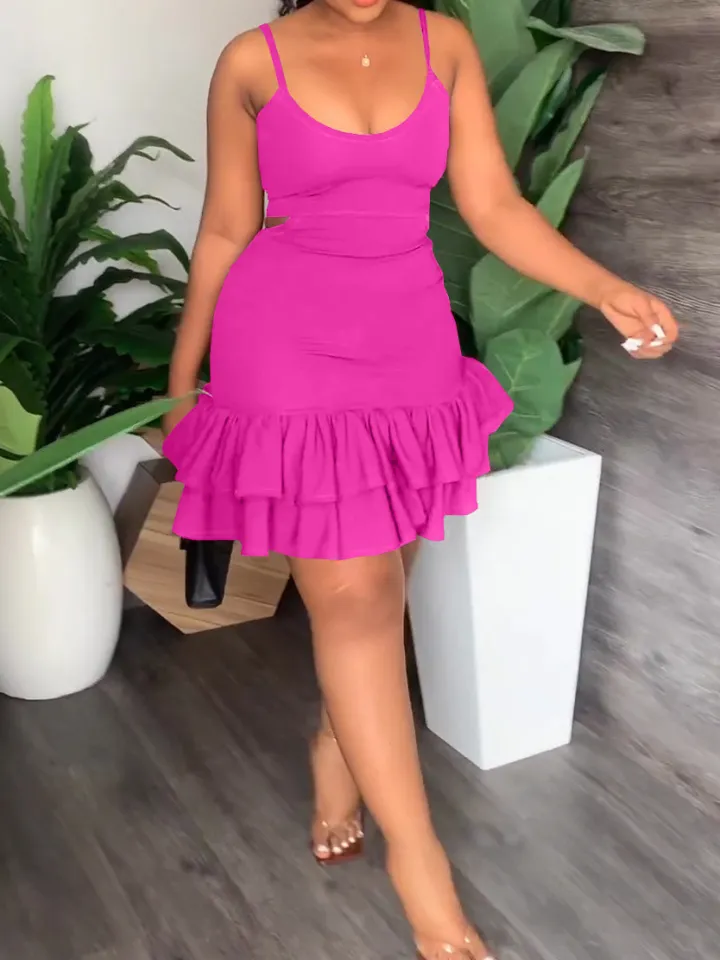 Spaghetti Strap Cut Out Ruffle Mini Dress