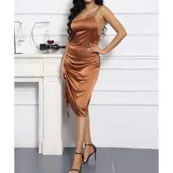 Spaghetti Strap Drawstring Ruched Dress