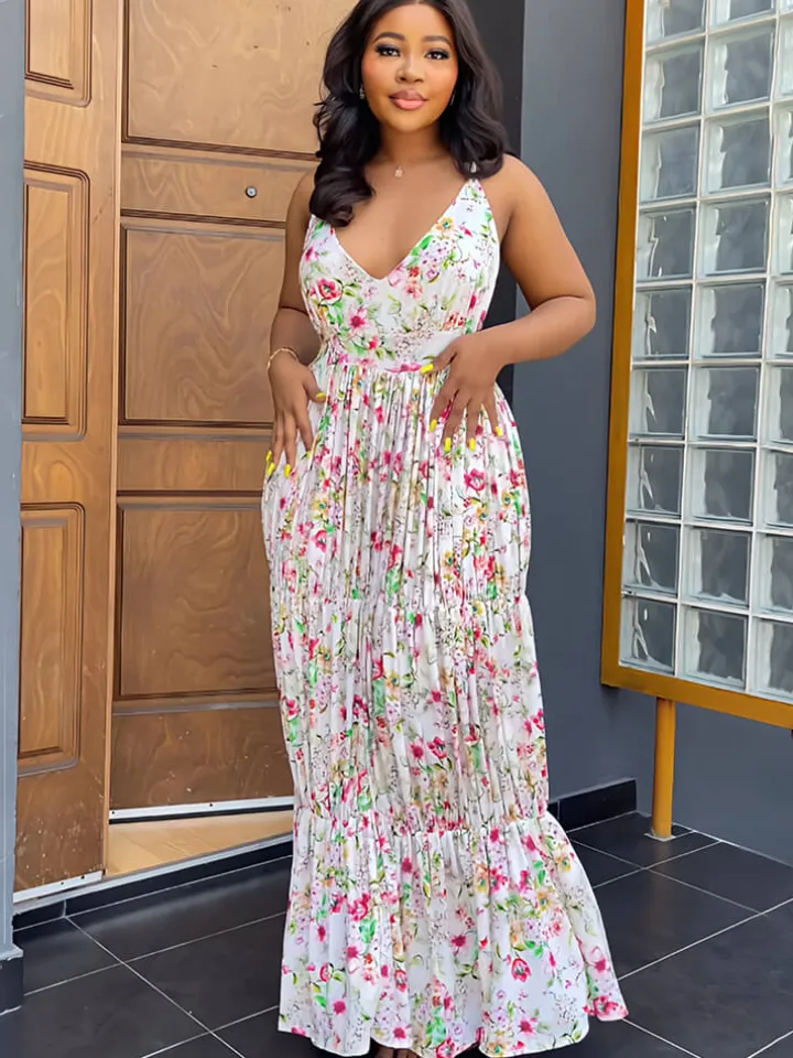 Spaghetti Strap Floral Print Backless Maxi Dress