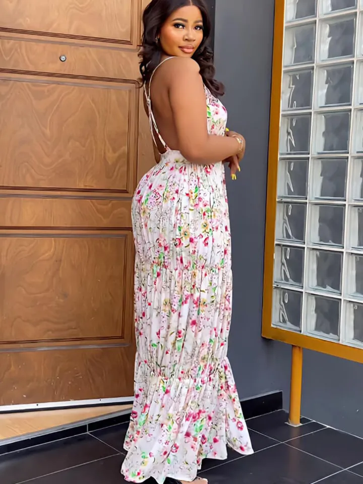 Spaghetti Strap Floral Print Backless Maxi Dress