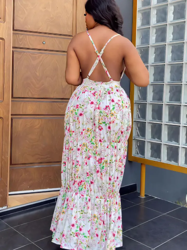 Spaghetti Strap Floral Print Backless Maxi Dress