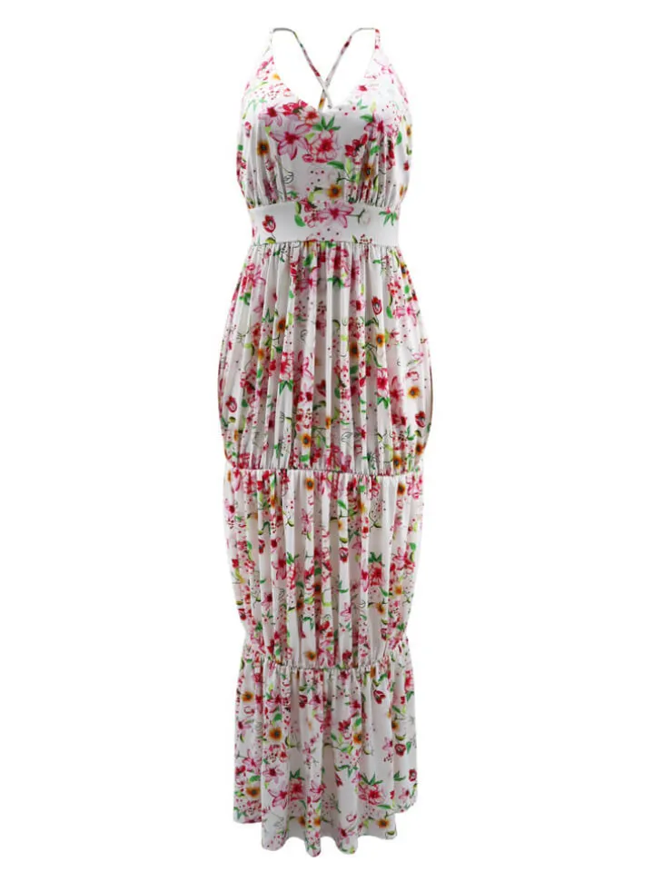 Spaghetti Strap Floral Print Backless Maxi Dress