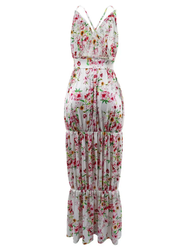 Spaghetti Strap Floral Print Backless Maxi Dress