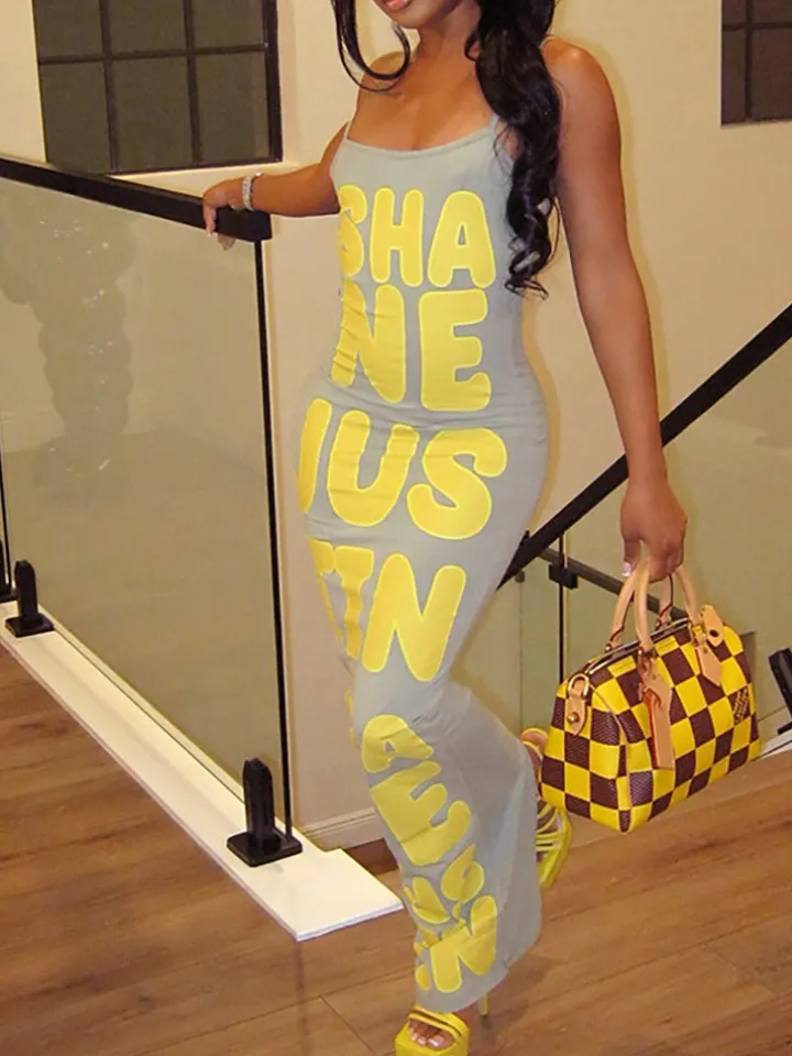 Spaghetti Strap Letter Print Tube Maxi Dress