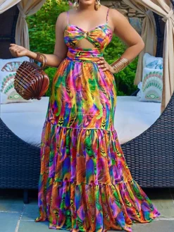 Spaghetti Strap Printed Tie-Dye Maxi Dress