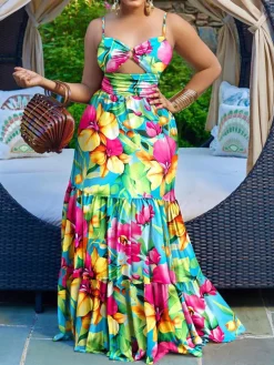 Spaghetti Strap Printed Tie-Dye Maxi Dress