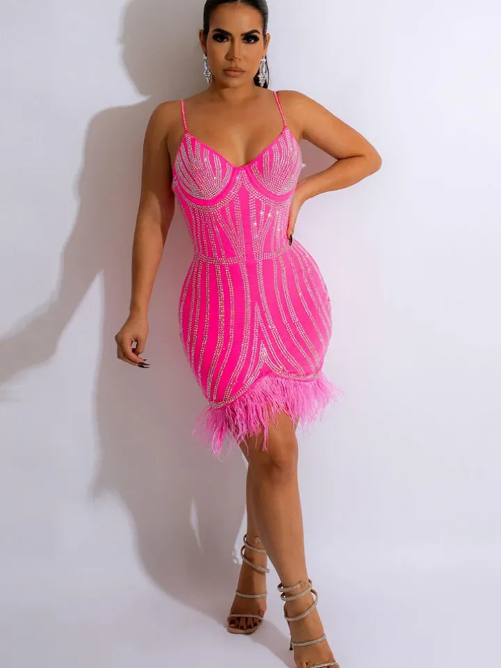 Spaghetti Strap Rhinestone Feather Mini Dress