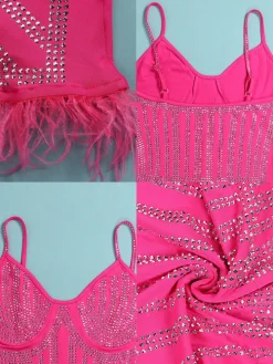 Spaghetti Strap Rhinestone Feather Mini Dress