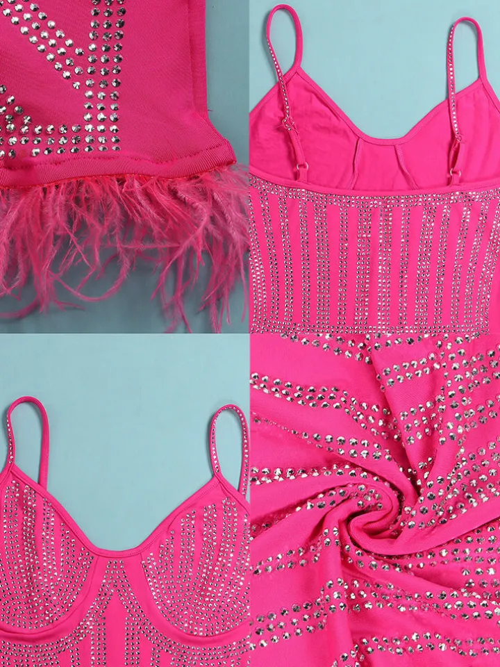 Spaghetti Strap Rhinestone Feather Mini Dress