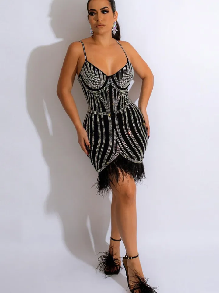 Spaghetti Strap Rhinestone Feather Mini Dress