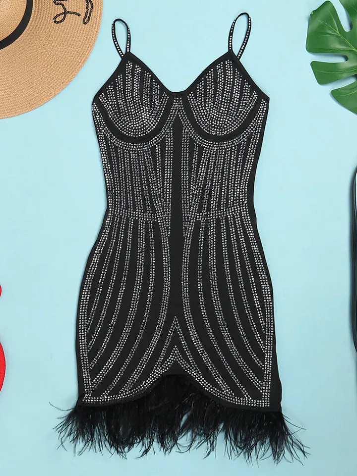 Spaghetti Strap Rhinestone Feather Mini Dress