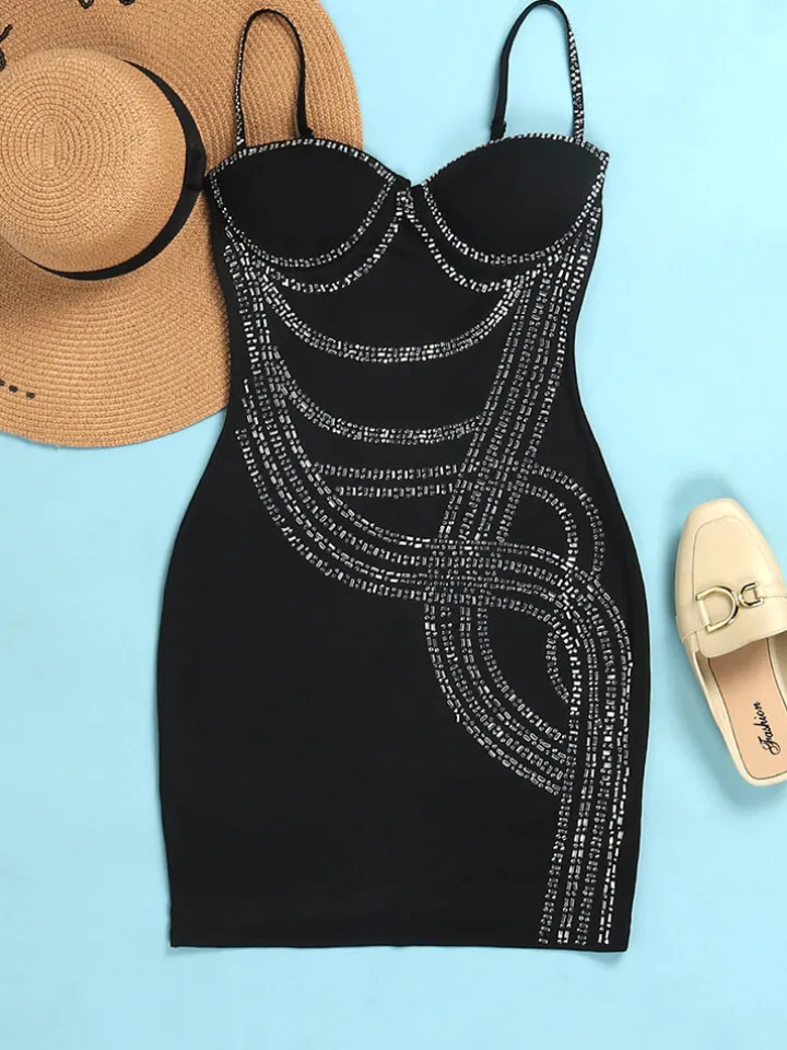 Spaghetti Strap Rhinestone Patchwork Mini Dress