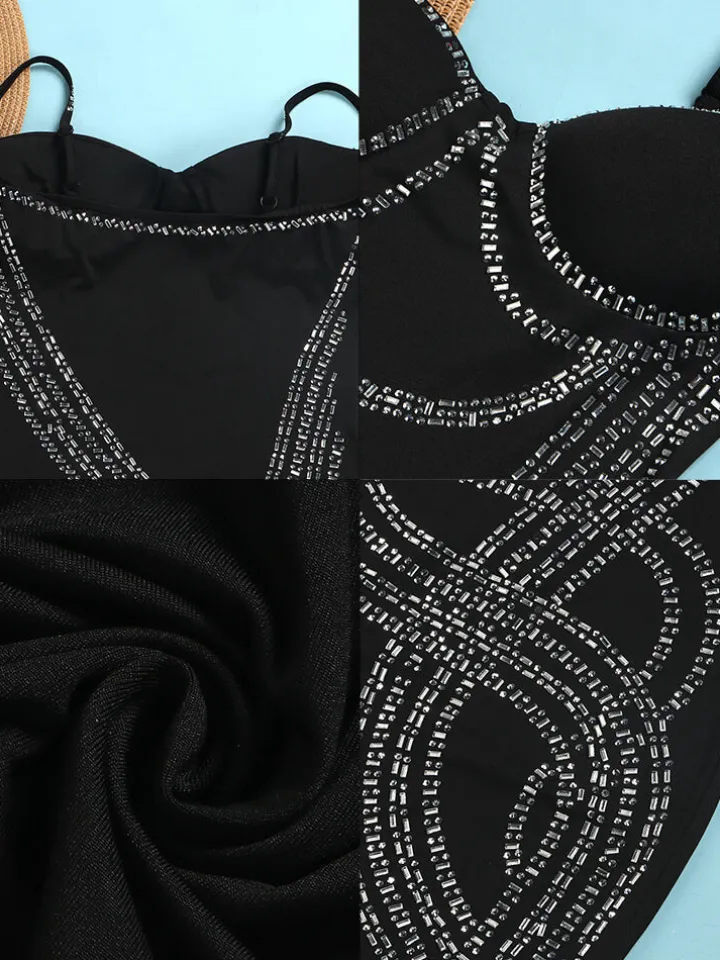 Spaghetti Strap Rhinestone Patchwork Mini Dress