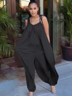 Spaghetti Strap Sleeveless Lace Up Wide Leg Jumpsuit