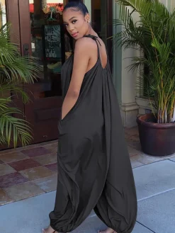 Spaghetti Strap Sleeveless Lace Up Wide Leg Jumpsuit