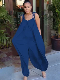 Spaghetti Strap Sleeveless Lace Up Wide Leg Jumpsuit