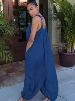 Spaghetti Strap Sleeveless Lace Up Wide Leg Jumpsuit