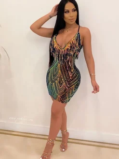 Spaghetti Strap Sleeveless Glitter Mini Dress