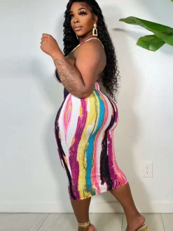 Spaghetti Strap Tie Dye Backless Midi Dress