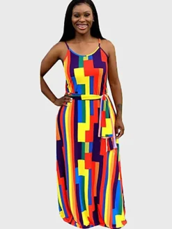 Spaghetti Strap V Neck Boho Maxi Dress