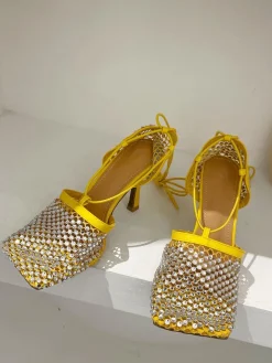 Sparkling Rhinestone Crossed Straps Hollow Out Heeled Sandal