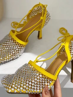 Sparkling Rhinestone Crossed Straps Hollow Out Heeled Sandal