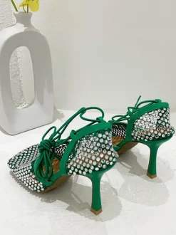 Sparkling Rhinestone Crossed Straps Hollow Out Heeled Sandal